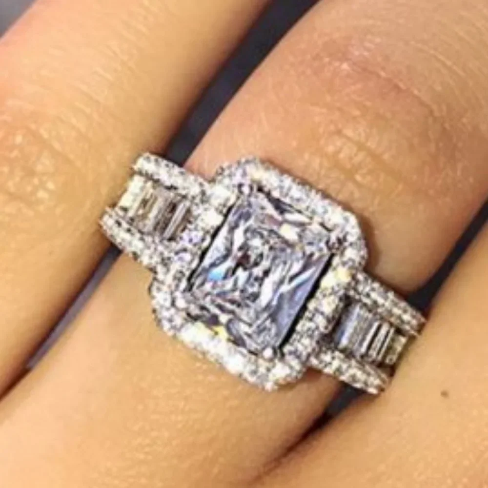 *NEW 925 Silver Radiant Cut Diamond Halo Ring